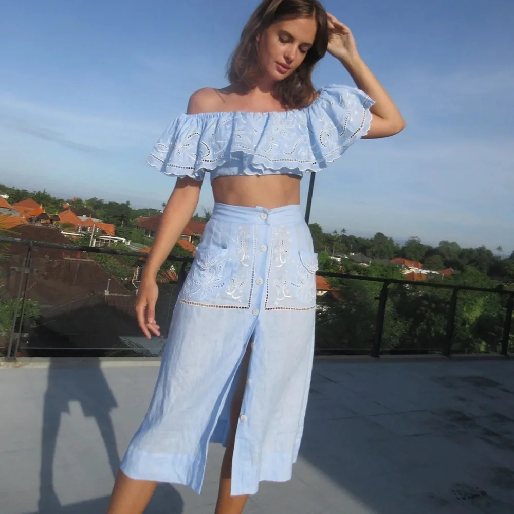 LINEN CUTWORK BUTTON DOWN SKIRT - Picture 1 of 6